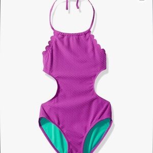 Jessica Simpson Girls' Scalloped One Piece Tie Halter Swimsuit.